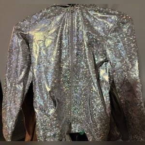 Jacket Big Girl's Sz L (10/12) Zippered Shiny Sparkly Silver w/ Lavendar Accents